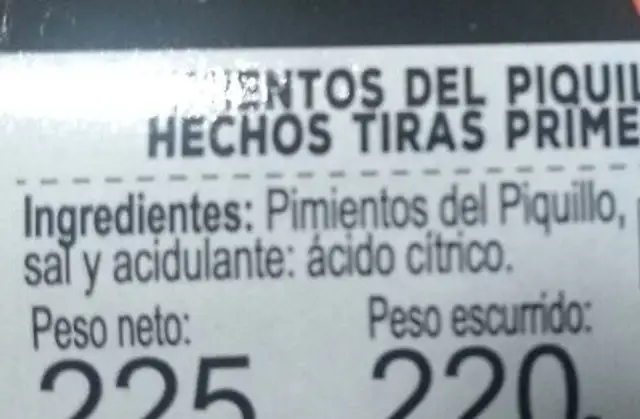 Pimientos del piquillo ingredients label