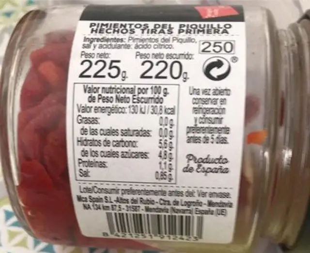 Pimientos del piquillo nutrition facts table