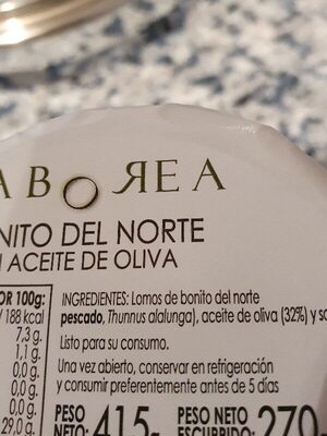 Saborea Bonito del Norte en aceite de oliva ingredients label
