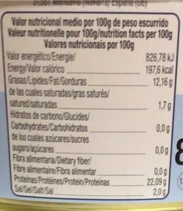 Atún en aceite de girasol nutrition facts table