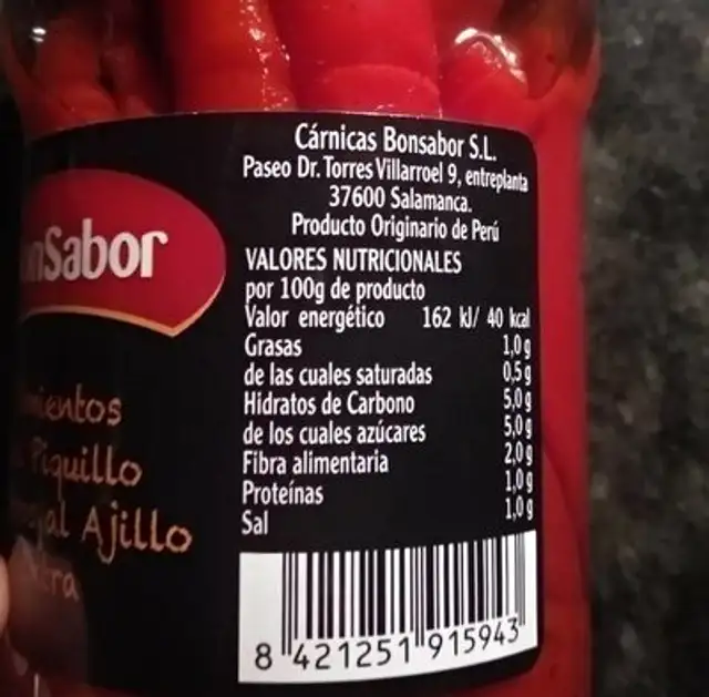 Pimientos del piquillo enteros al ajillo extra nutrition facts table