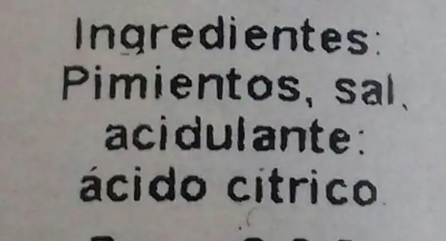 Pimientos del Piquillo ingredients label