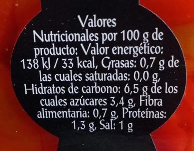 Pimiento Najerano entreverado Tiras primera nutrition facts table