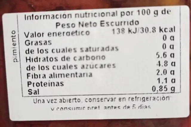 Pimientos del piquillo (rojos y verdes tiras primera) nutrition facts table