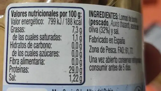 Lomos de bonito nutrition facts table