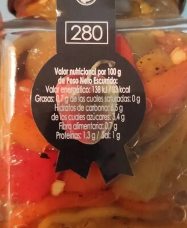Pimiento entrevetado nutrition facts table