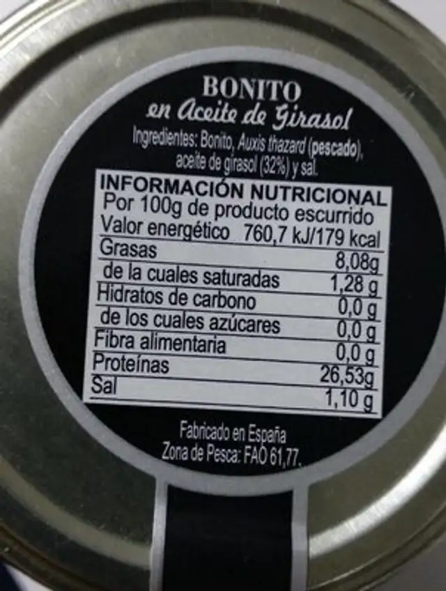 Bonito en aceite de girasol nutrition facts table