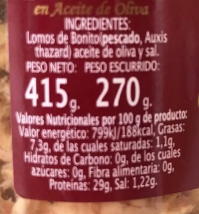 Lomos de bonito en aceite de oliva nutrition facts table