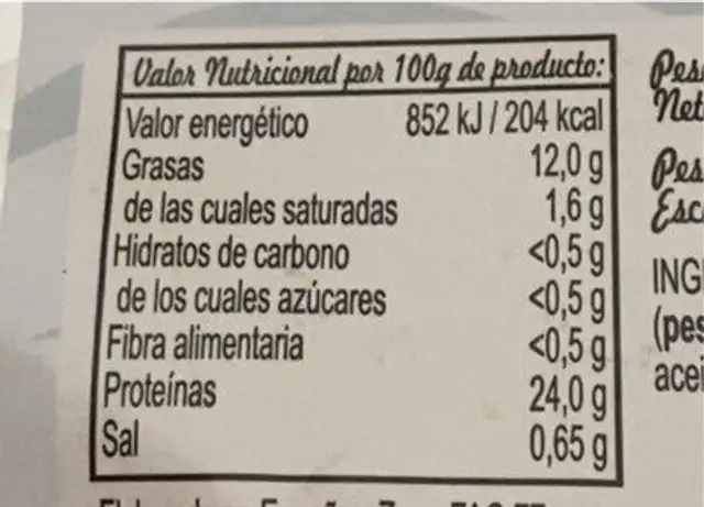 Atun en aceite girasol nutrition facts table