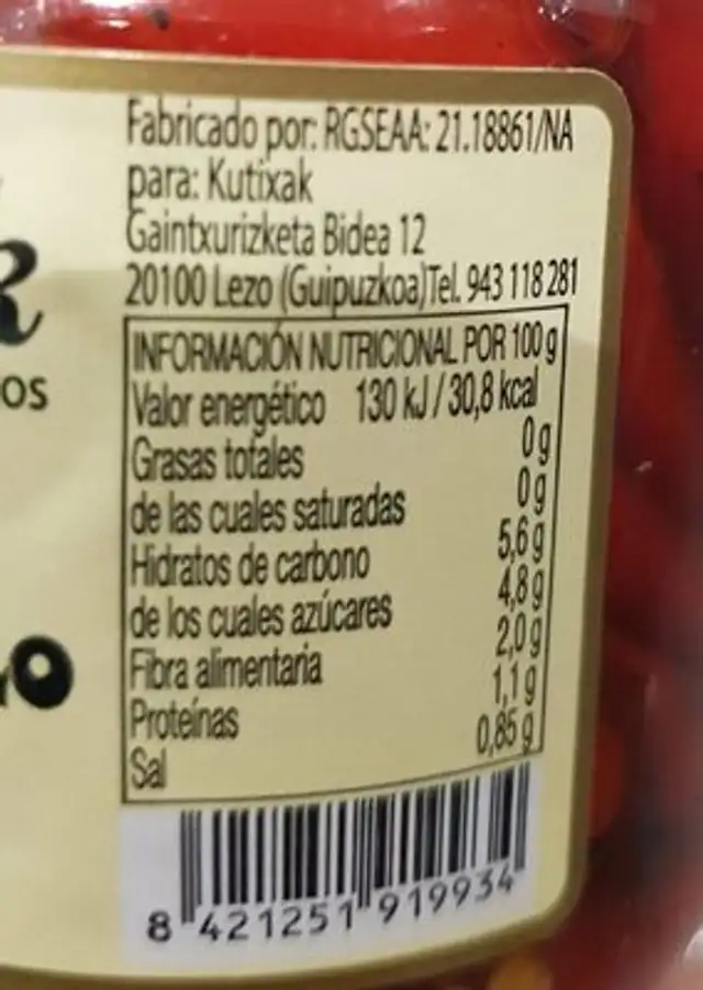Pimientos del piquillo nutrition facts table