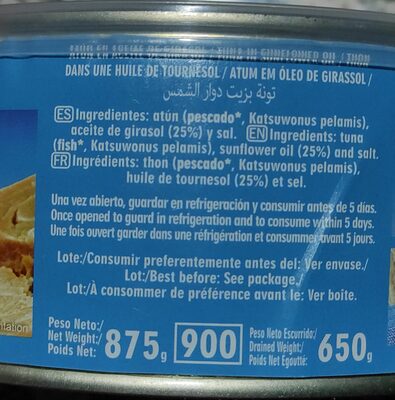 Atún en aceite de girasol ingredients label