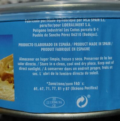 Atún en aceite de girasol nutrition facts table