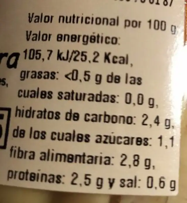 Menestra verduras nutrition facts table