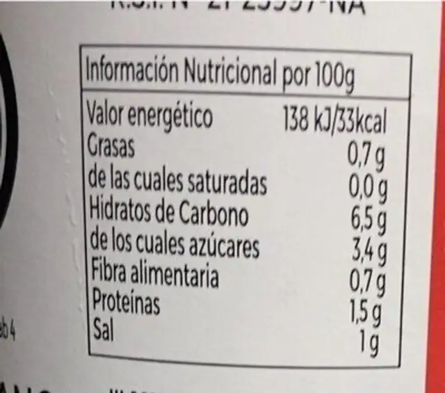 Pimientos Najerano Tiras nutrition facts table