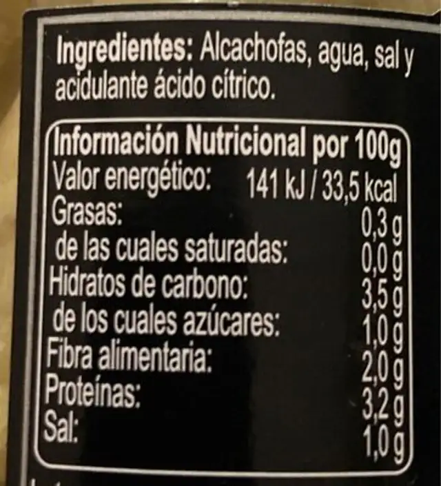 Corazones de alcachofa nutrition facts table