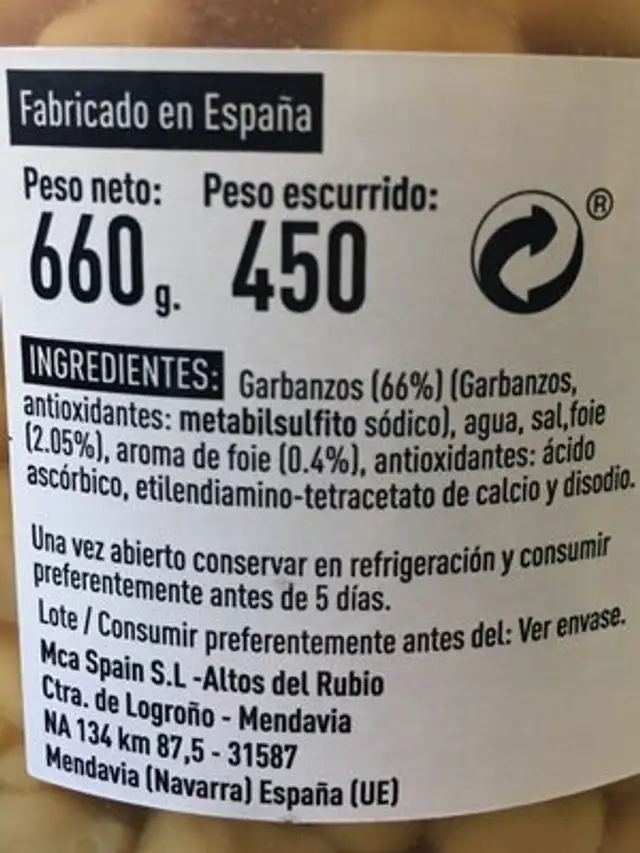 Garbanzos con foie nutrition facts table