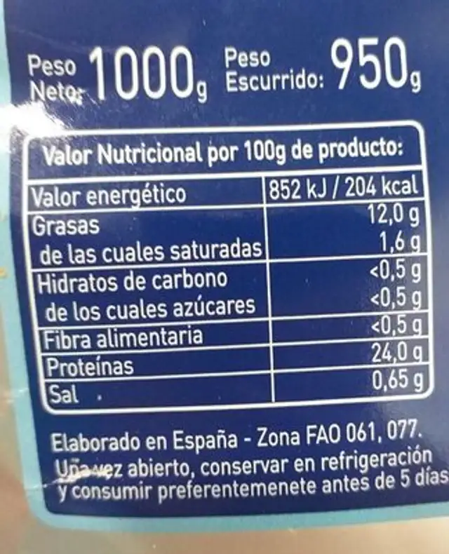 Atún  en aceite de girasol nutrition facts table