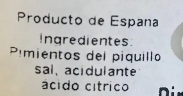 Pimiento del piquimlo ingredients label