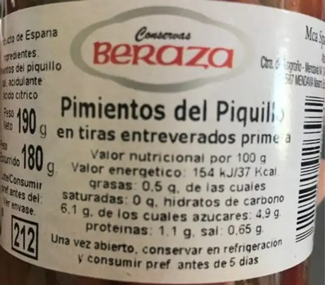 Pimiento del piquimlo nutrition facts table