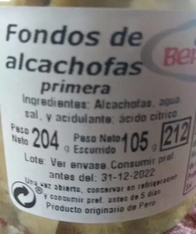 Condo alcachofas nutrition facts table