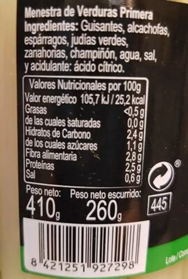 MENESTRA DE VERDURAS nutrition facts table