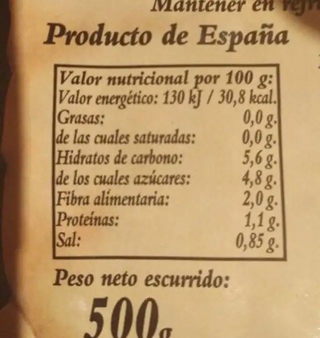 Pimientos del piquillo primera nutrition facts table
