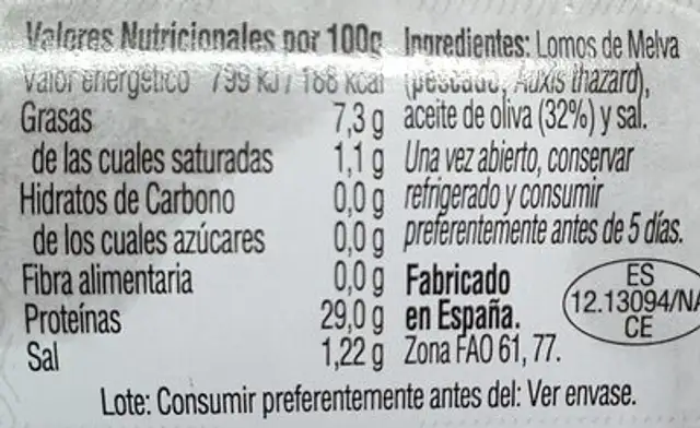 Melva en Aceite de oliva nutrition facts table