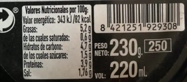 Salsa al nero di sepia nutrition facts table