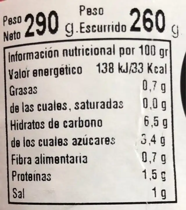 Pimiento Najerano Tiras nutrition facts table