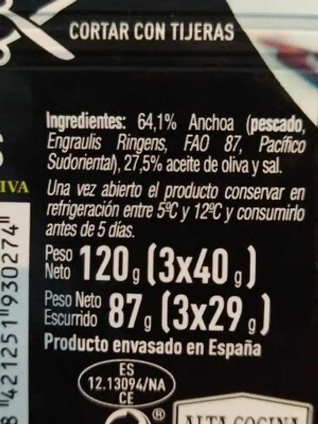 Filetes de Anchoa en aceite de oliva ingredients label