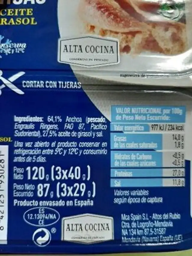 Anchoas en aceite de girasol ingredients label