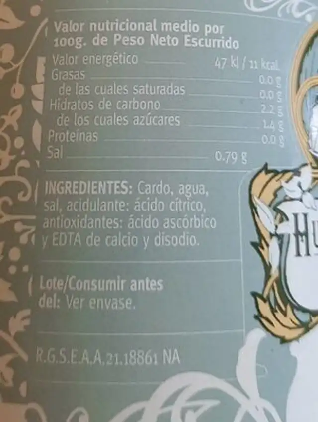 cardo troceado nutrition facts table