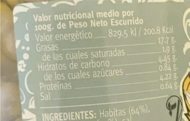 Habitas fritas extra en aceite de oliva nutrition facts table