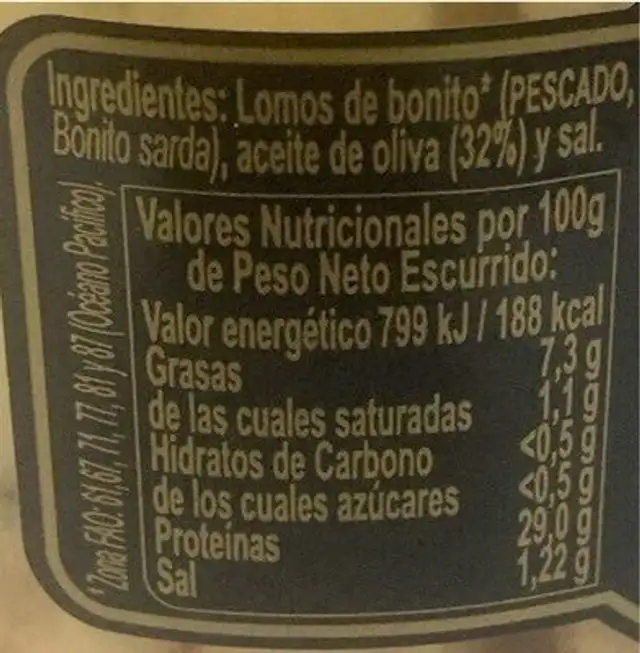 Bonito Mar de Santoña nutrition facts table