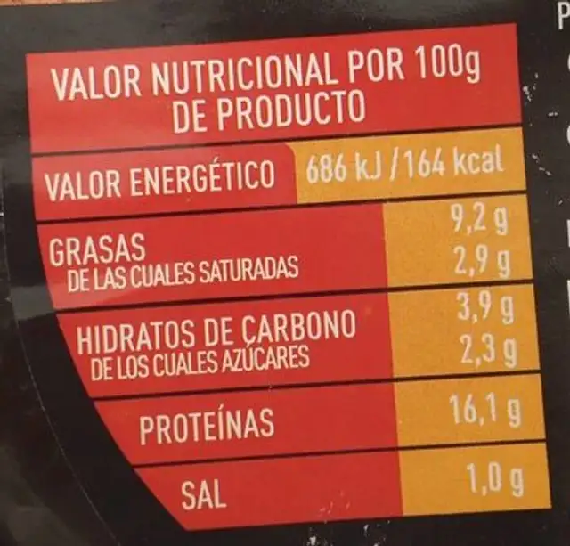 Alitas de pollo Barbacoa nutrition facts table