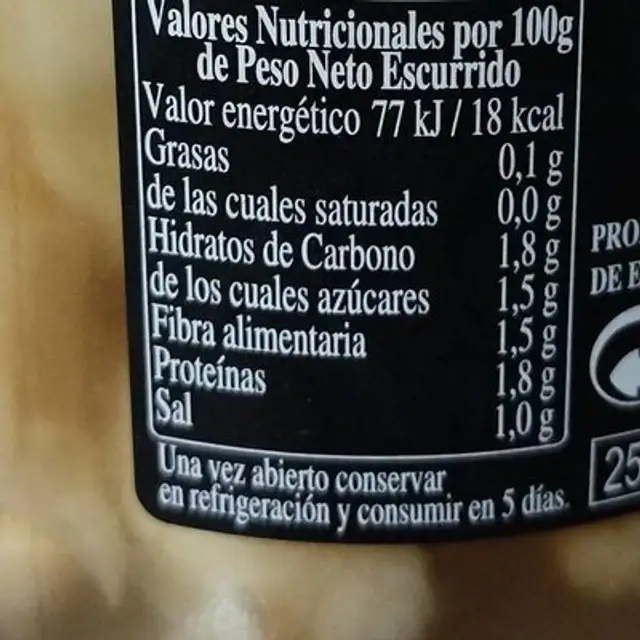 Puntas de espárragos blancos extra nutrition facts table