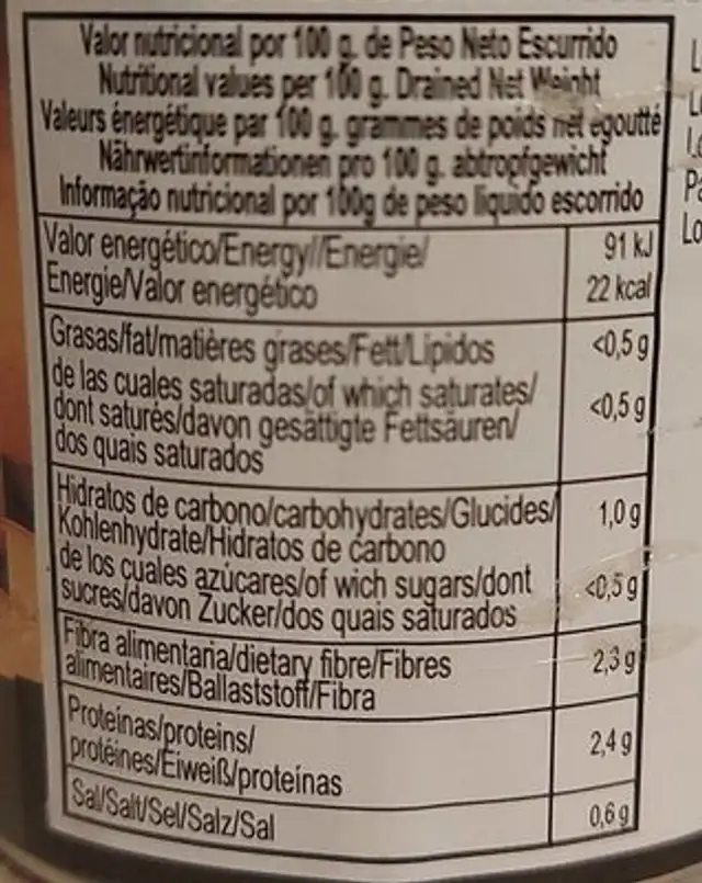 Champiñones enteros nutrition facts table