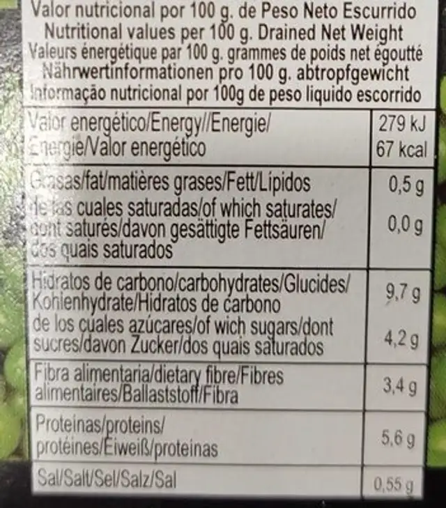Guisantes al natural nutrition facts table