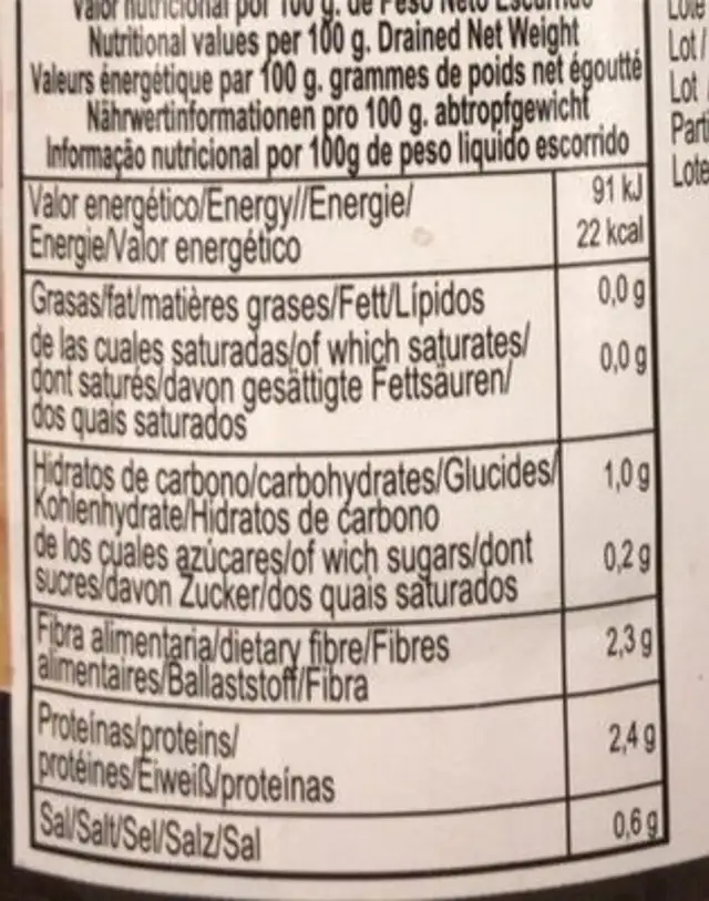 Champiñones laminados nutrition facts table