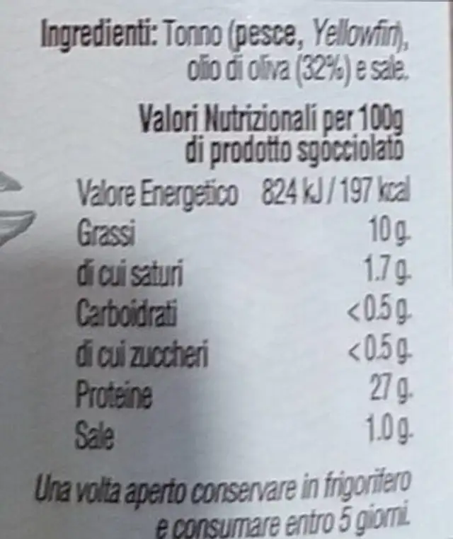 Trancetti di tonno pinne gialle nutrition facts table