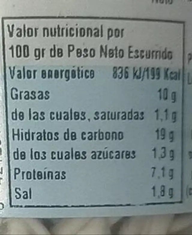 Caprichos del mar al ajillos nutrition facts table