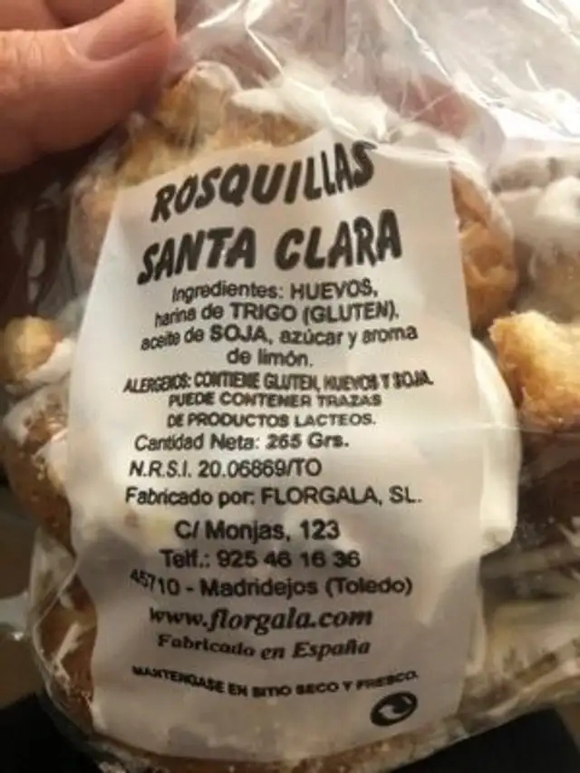 Rosquillas Santa Clara ingredients label