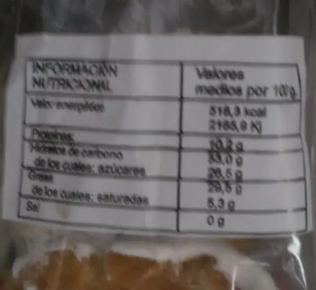 Rosquillas Santa Clara nutrition facts table