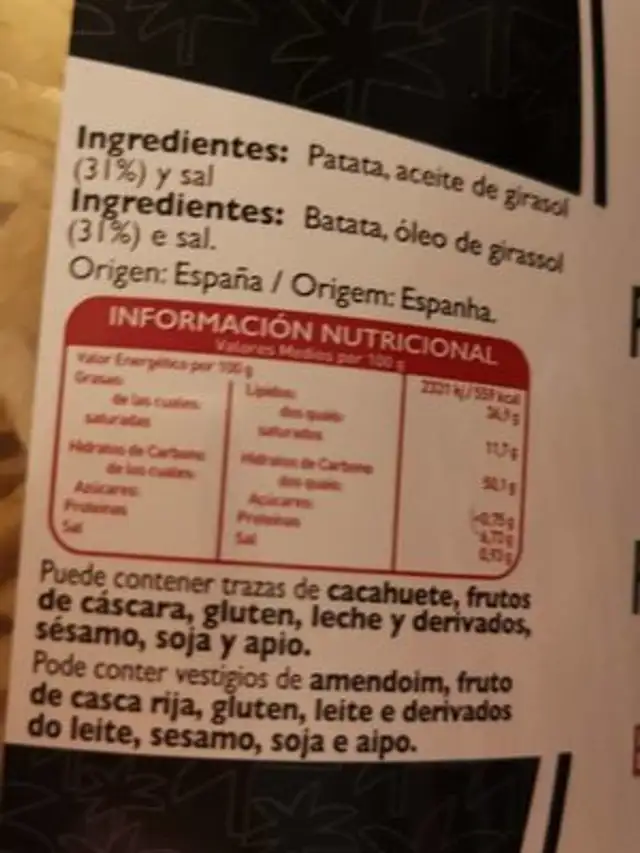 Bâton de pomme de terre ingredients label