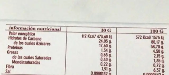 Chocolate a la taza nutrition facts table