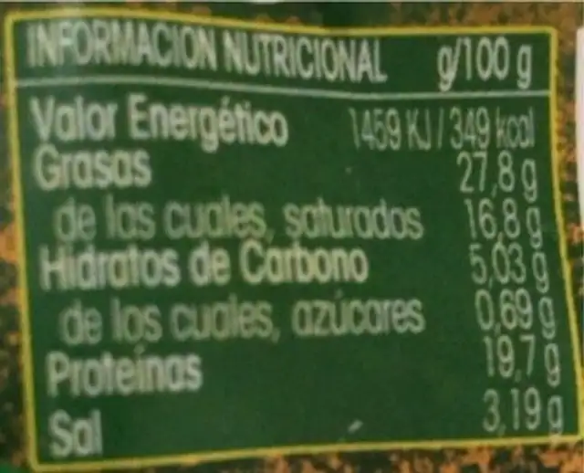 Tierno Ahumado nutrition facts table