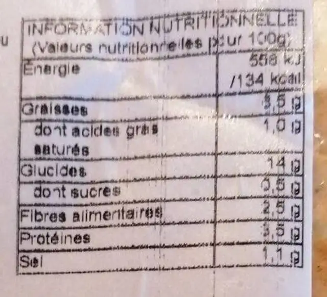 Tortilla pommes de terre nutrition facts table
