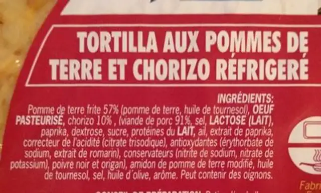 Tortilla aux pommes de terre et chorizo réfrigéré ingredients label