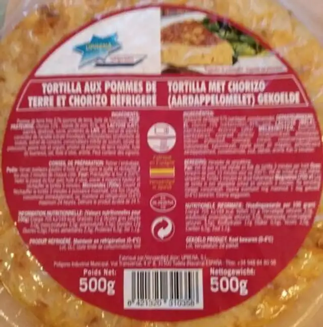 Tortilla aux pommes de terre et chorizo réfrigéré nutrition facts table