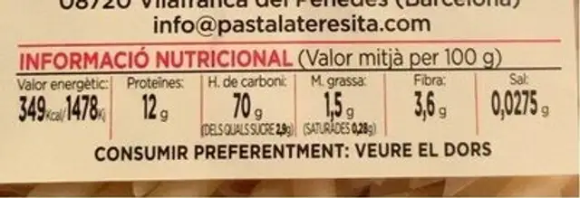 Pastes alimentoses nutrition facts table